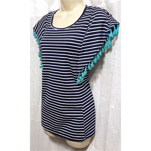 Twenty Second Blue & White Striped Top with Aqua Accented Sleeves sz:S - Picture 3 of 9